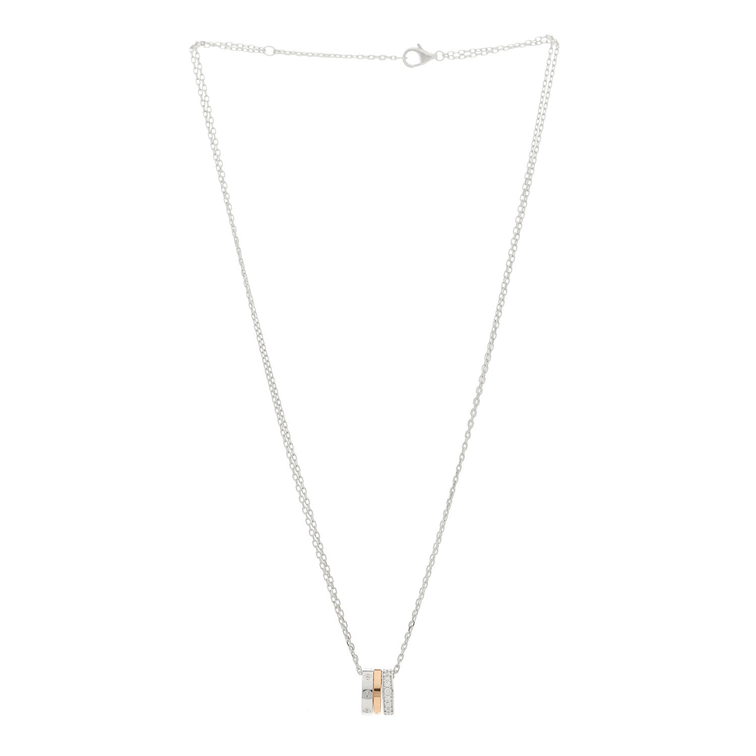 Cartier 18K White Pink Gold Diamond Three Ring LOVE Necklace 3 of 5