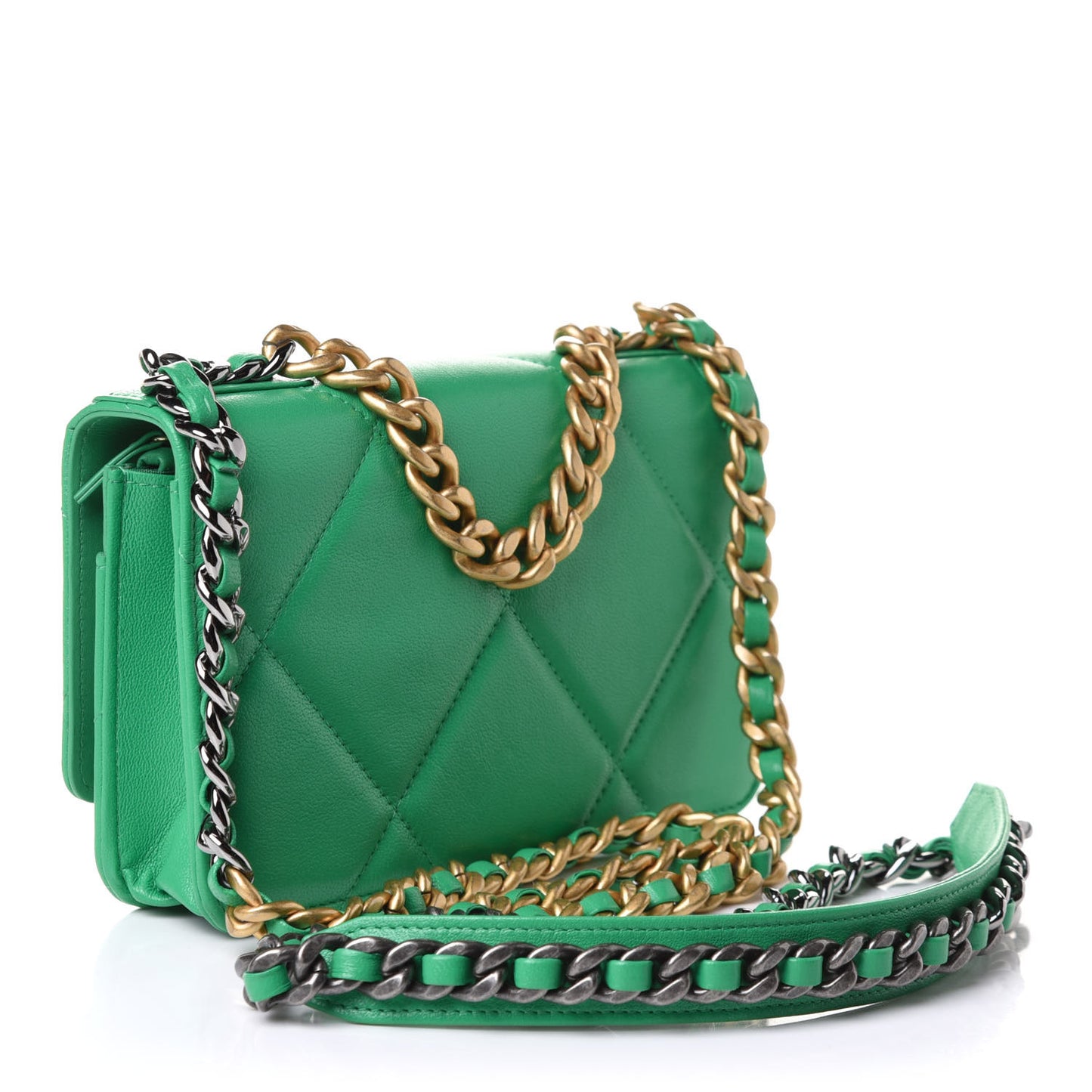 Shiny Lambskin Quilted Chanel 19 Wallet On Chain WOC Green