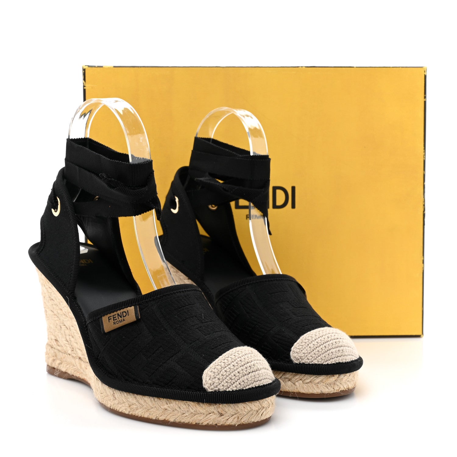 Fendi Canvas FF Embroidered Roma Ankle Wrap Wedge Espadrilles 36 Black 11 of 11