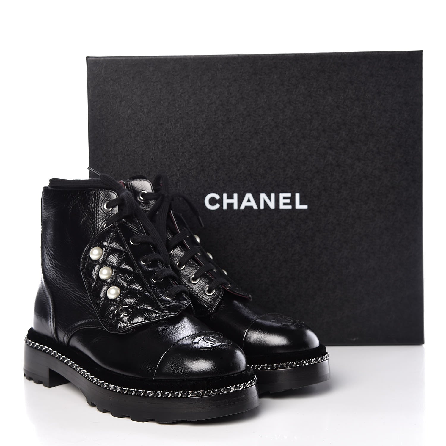 Chanel Crackled Calfskin Velvet Pearl Combat Short Boots 37.5 Black 9 of 9