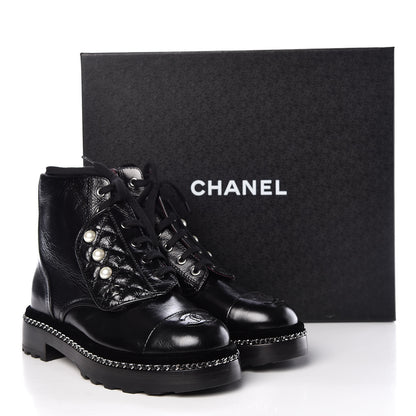 Chanel Crackled Calfskin Velvet Pearl Combat Short Boots 37.5 Black 9 of 9