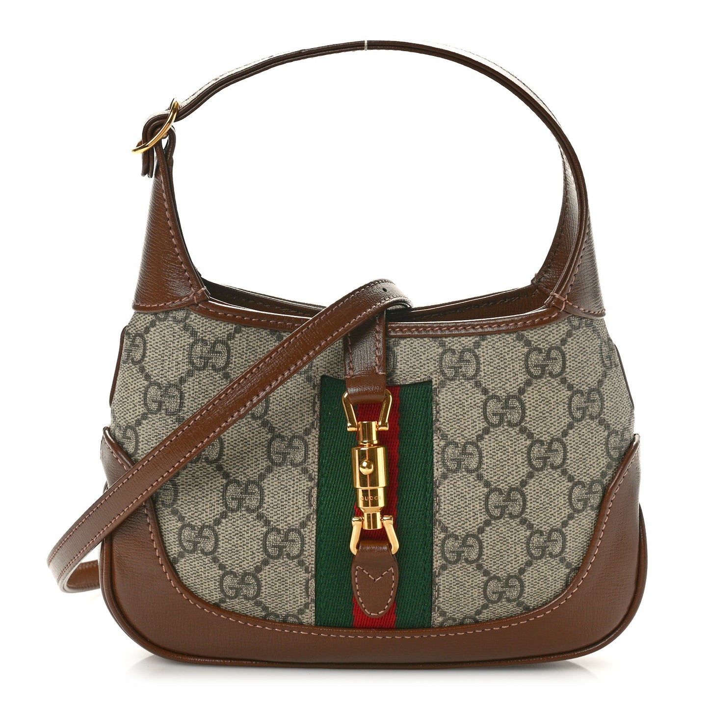 GG Supreme Monogram Azalea Calfskin Web Mini Jackie 1961 Hobo Beige Ebony Brown Sugar