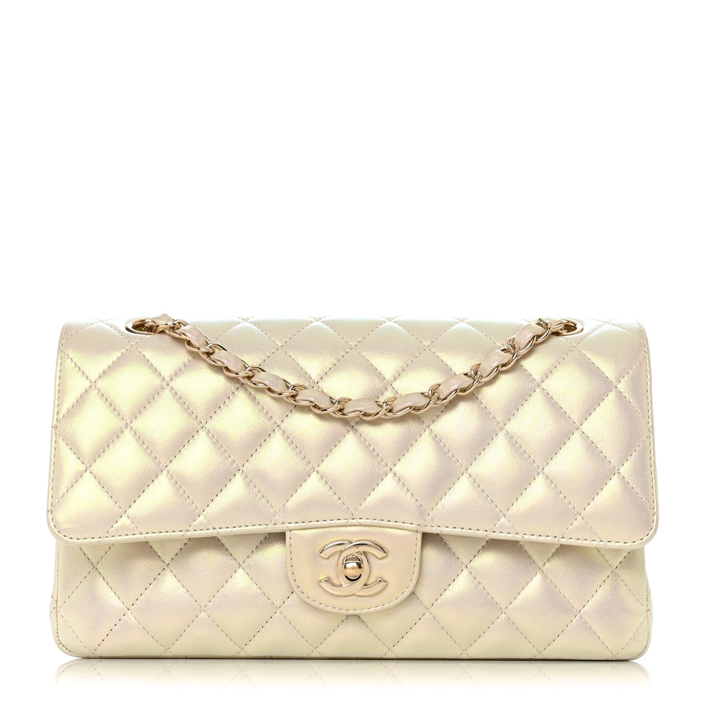 Iridescent Lambskin Quilted Medium Double Flap Ivory