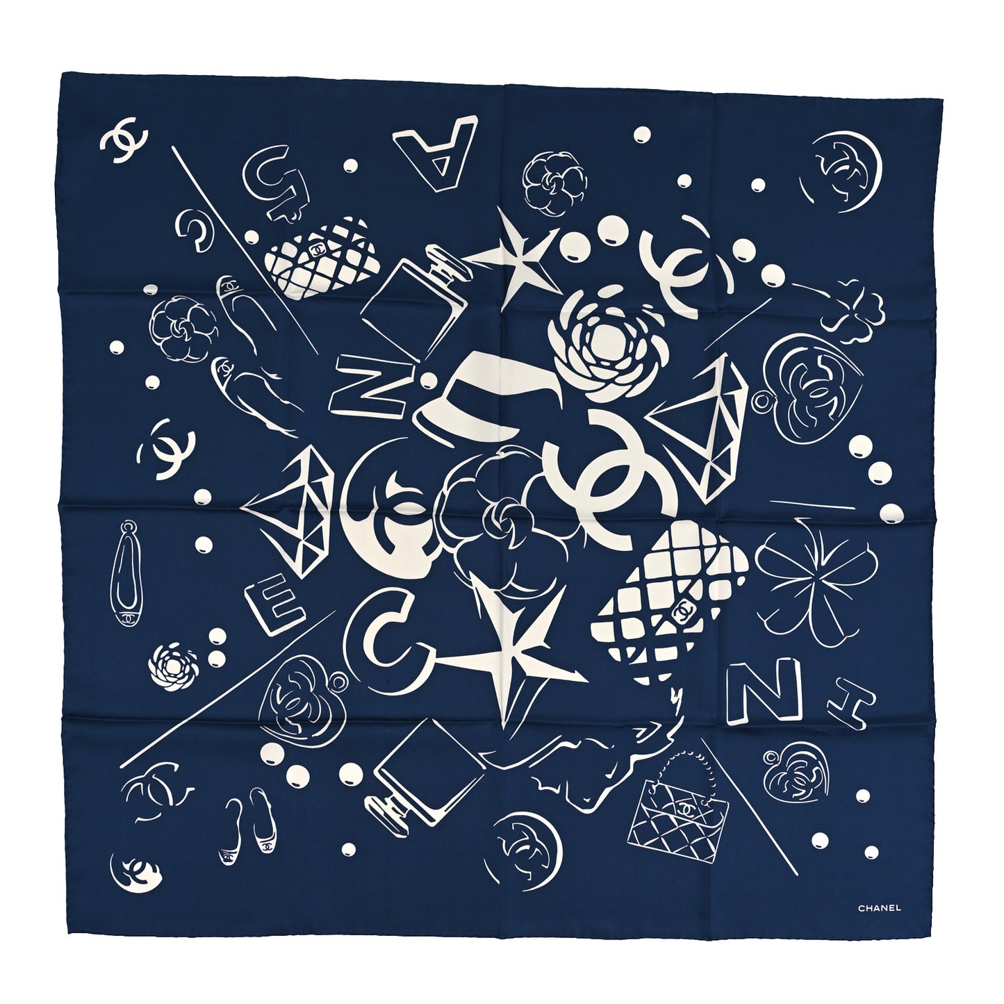 Silk CC Square Scarf Navy White