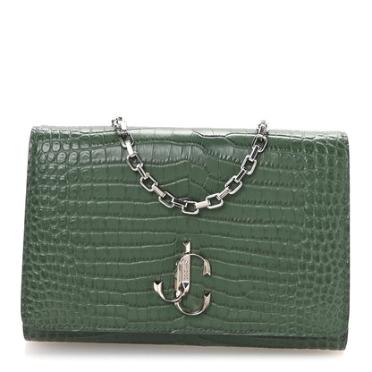 Jimmy Choo Calfskin Crocodile Embossed Varenne Chain Clutch Dark Green 1 of 9