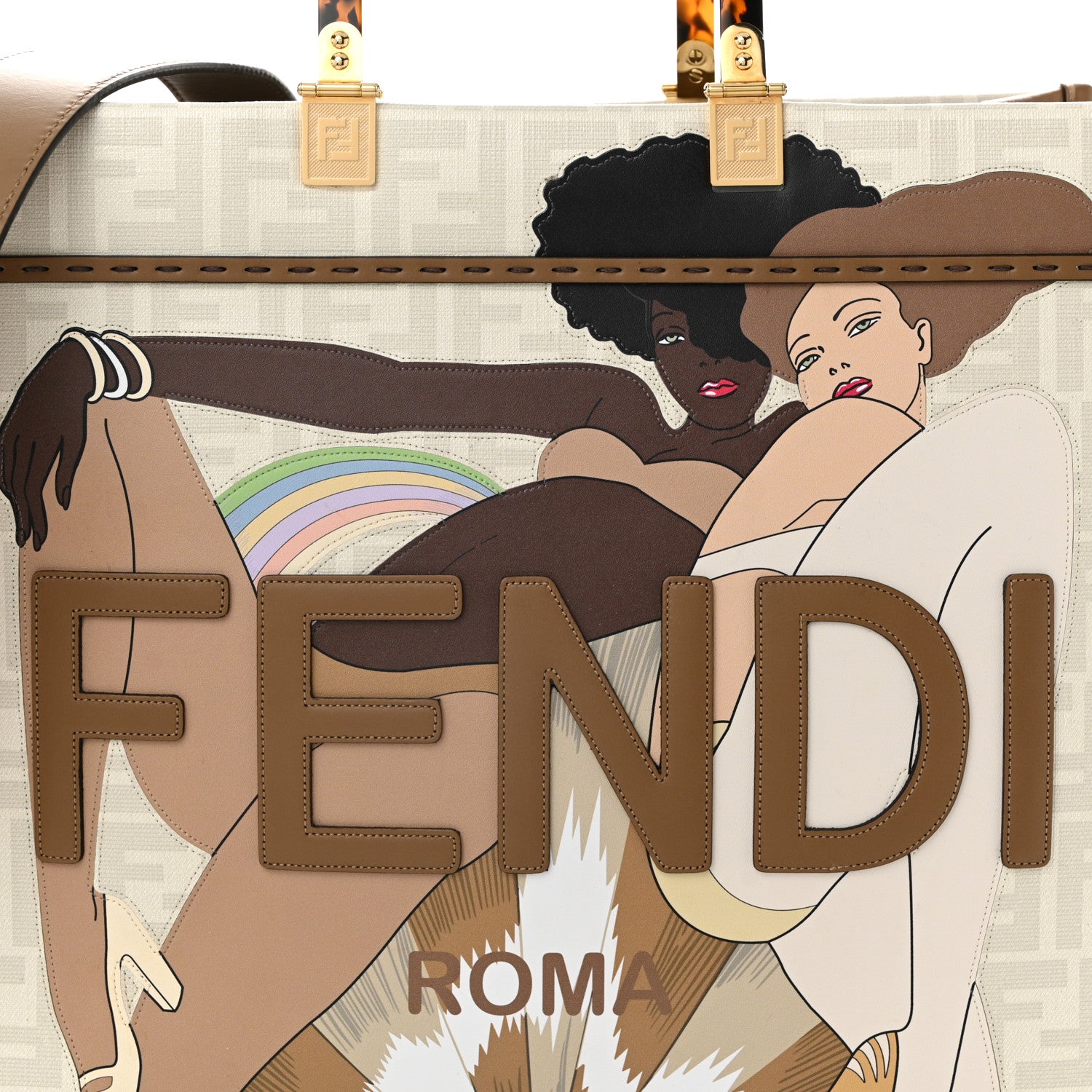 Fendi Glazed Fabric Plexiglass FF Logo Bikini Girls Medium Fendi Sunshine Shopper Tote Bianco Perla Multicolor Miele Scuro 7 of 9