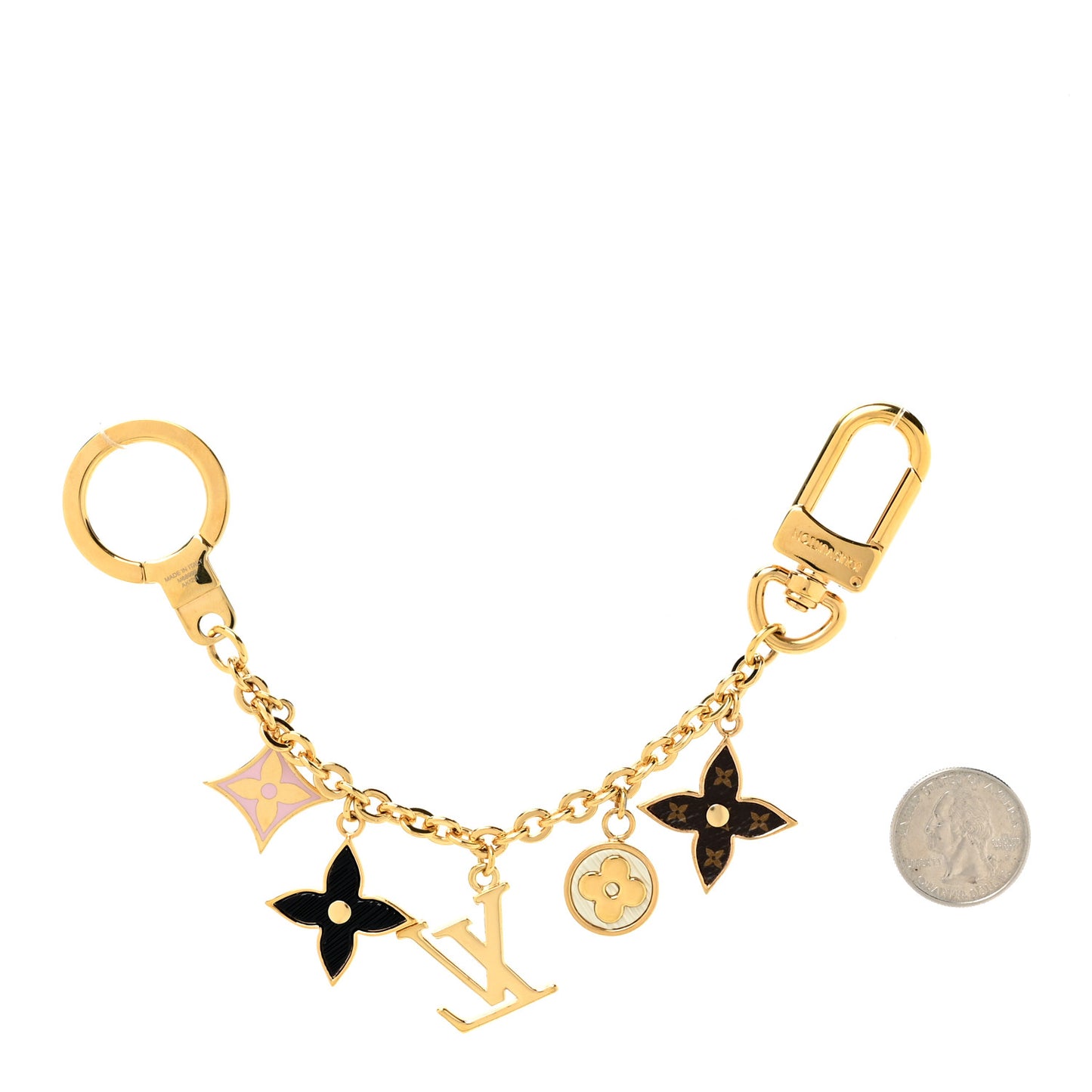Brass Enamel Fleur De Monogram Bag Charm Chain Gold