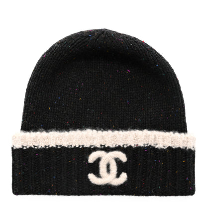 Chanel Cashmere Silk CC Beanie Hat Black Ecru 1 of 4