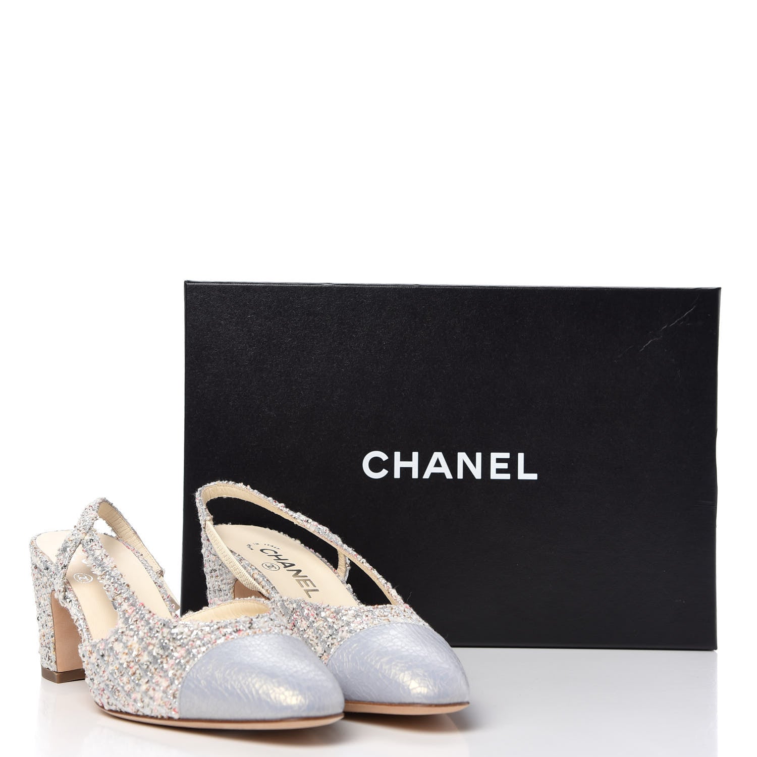 Chanel Tweed Cap Toe CC Slingback Pumps 38.5 Silver Grey 11 of 11