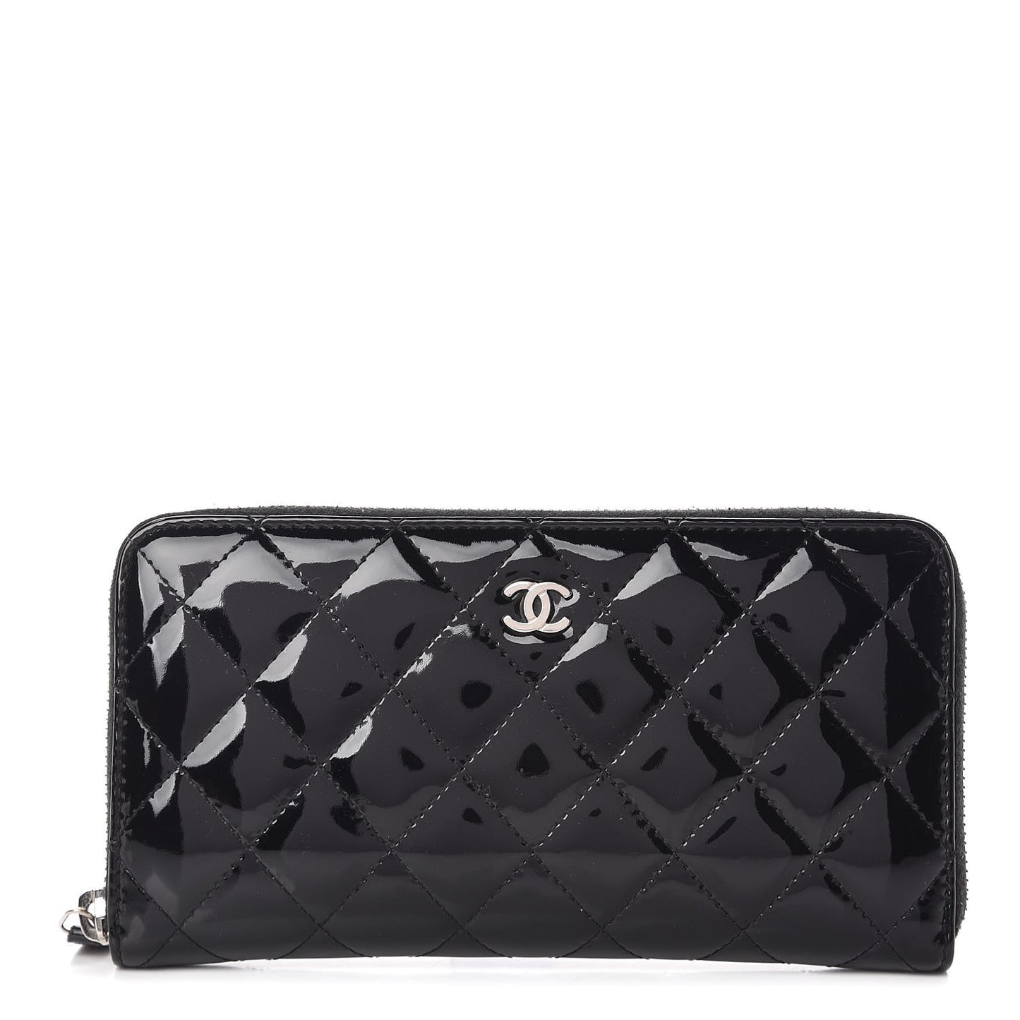Patent Quilted Zip Around Wallet Black