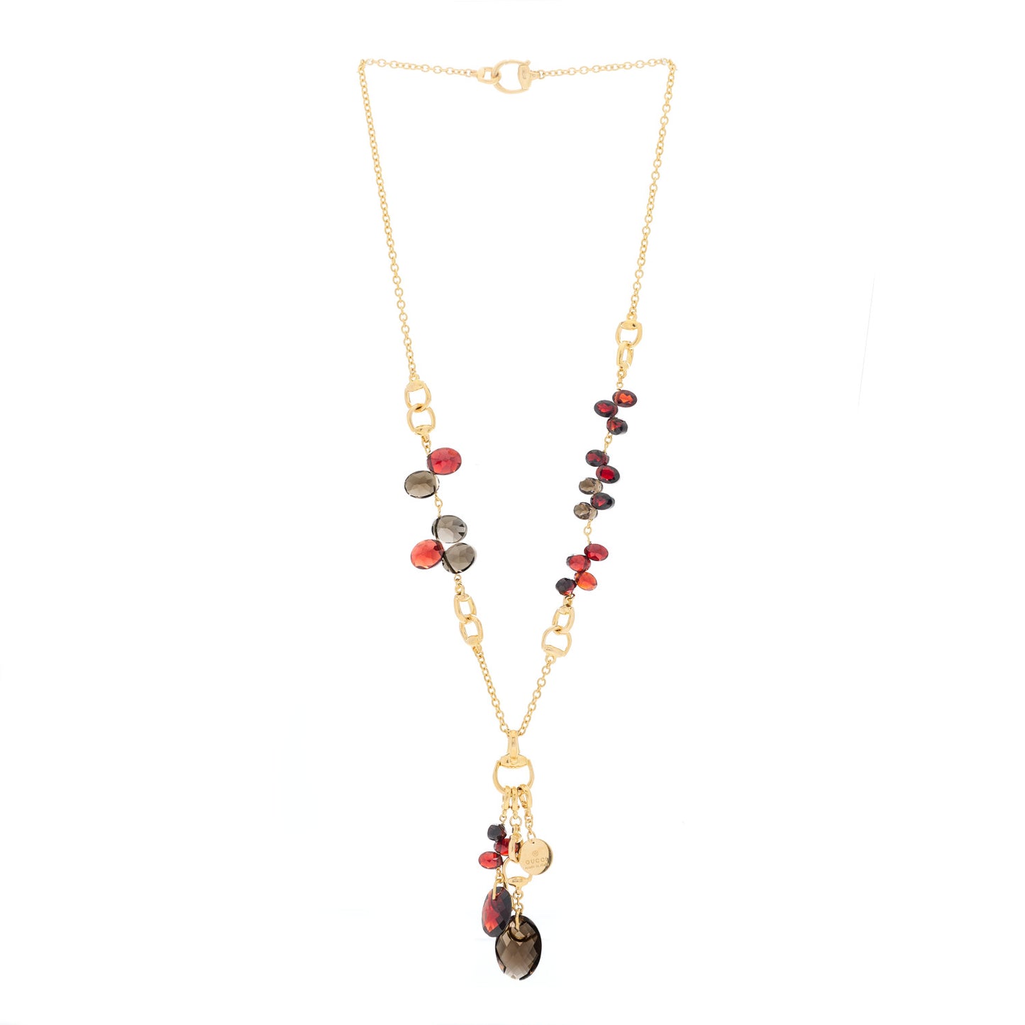 18K Yellow Gold Garnet Smoky Quartz Horsebit Link Pendant Necklace
