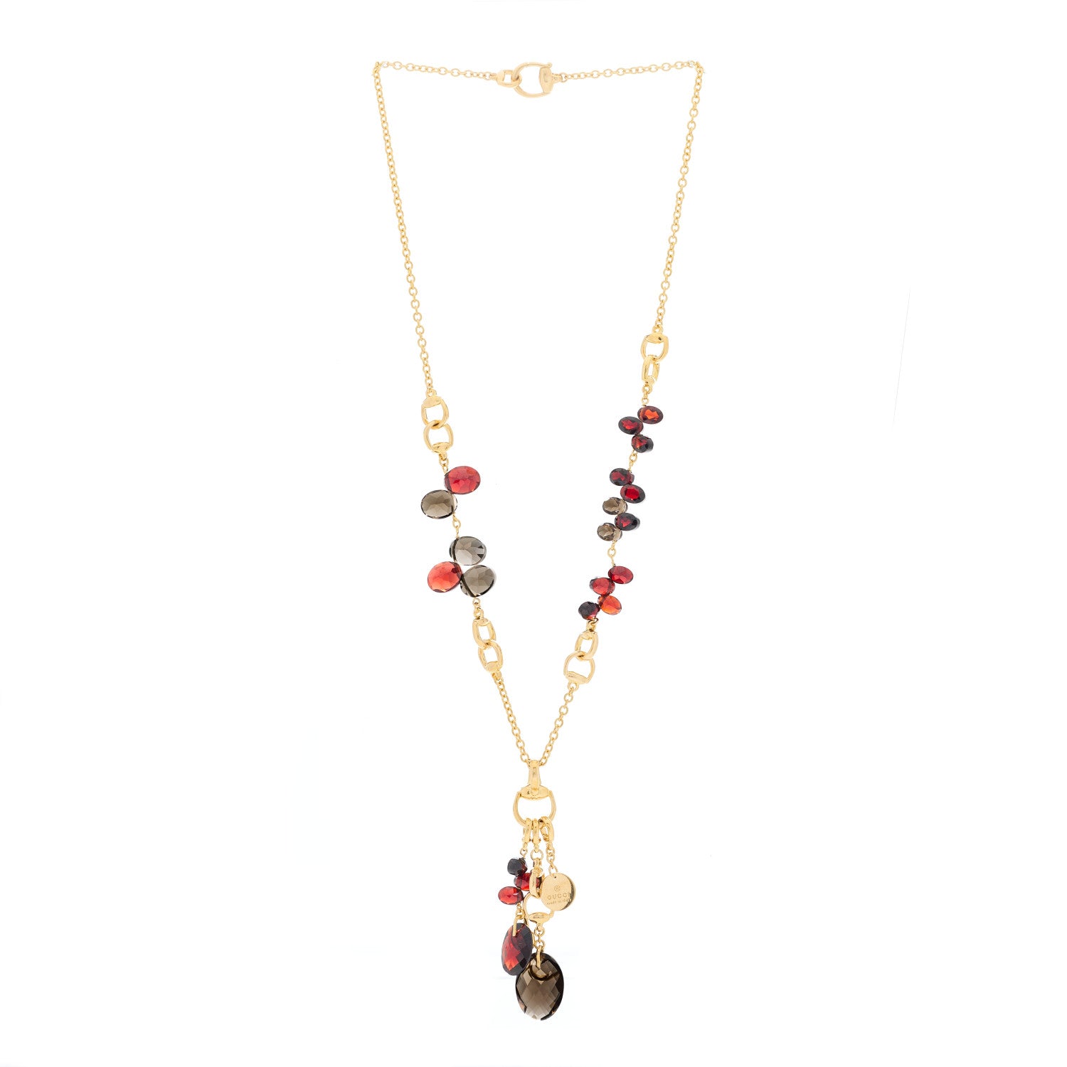 Gucci 18K Yellow Gold Garnet Smoky Quartz Horsebit Link Pendant Necklace 4 of 12