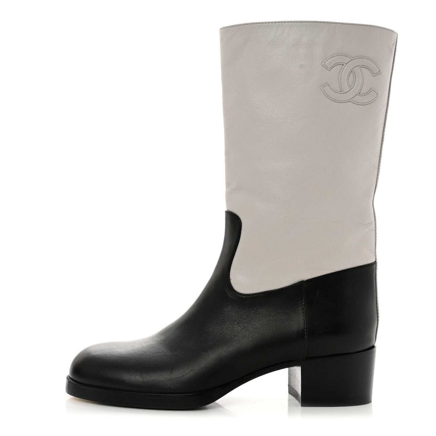 Calfskin CC Logo Mid Calf Boots 37 Grey Black