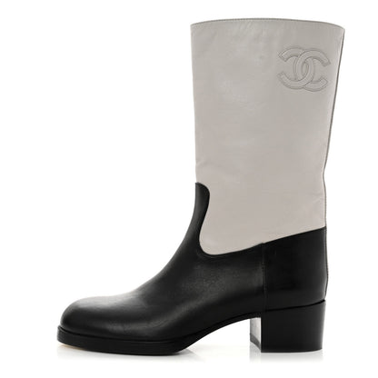 Chanel Calfskin CC Logo Mid Calf Boots 37 Grey Black 1 of 10