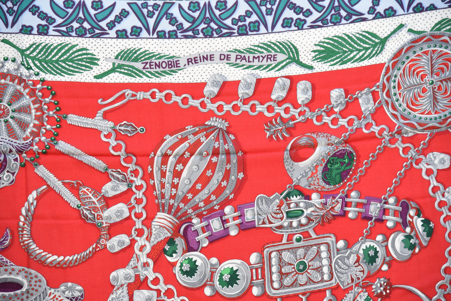 Hermes Cashmere Silk Zenobie Reine de Palmyre Shawl 140 Rouge Gris Vert 4 of 13