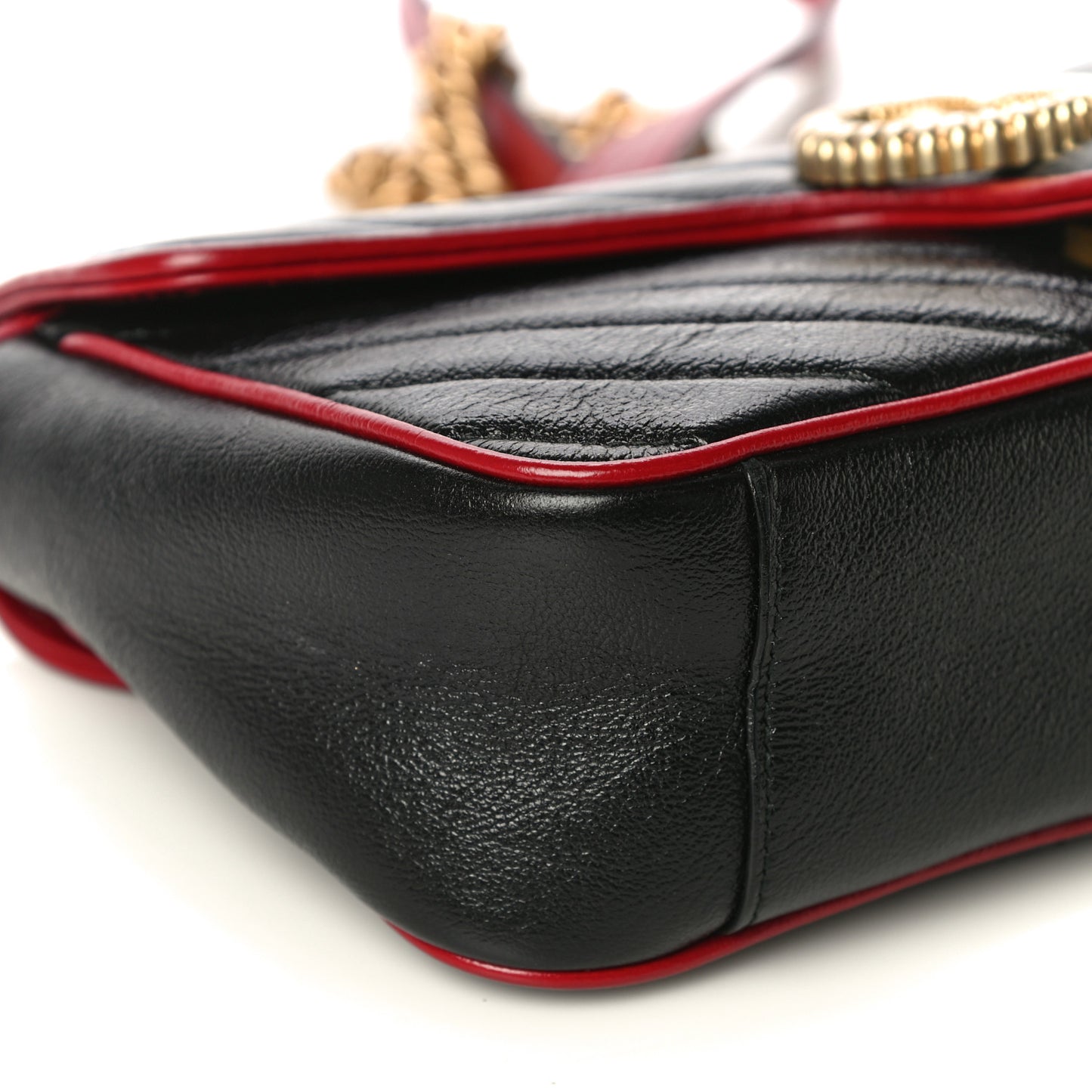 Vintage Effect Calfskin Matelasse Diagonal Small Torchon GG Marmont Shoulder Bag Black Romantic Cherry