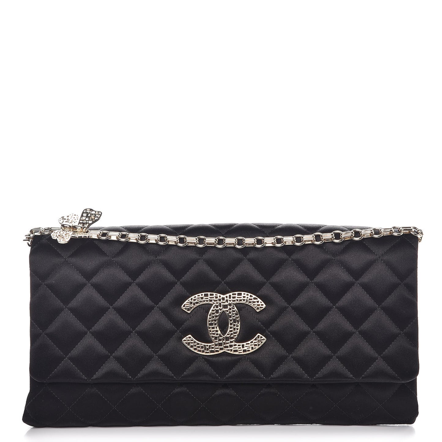 Satin Quilted Butterfly Chain Flap Clutch Black