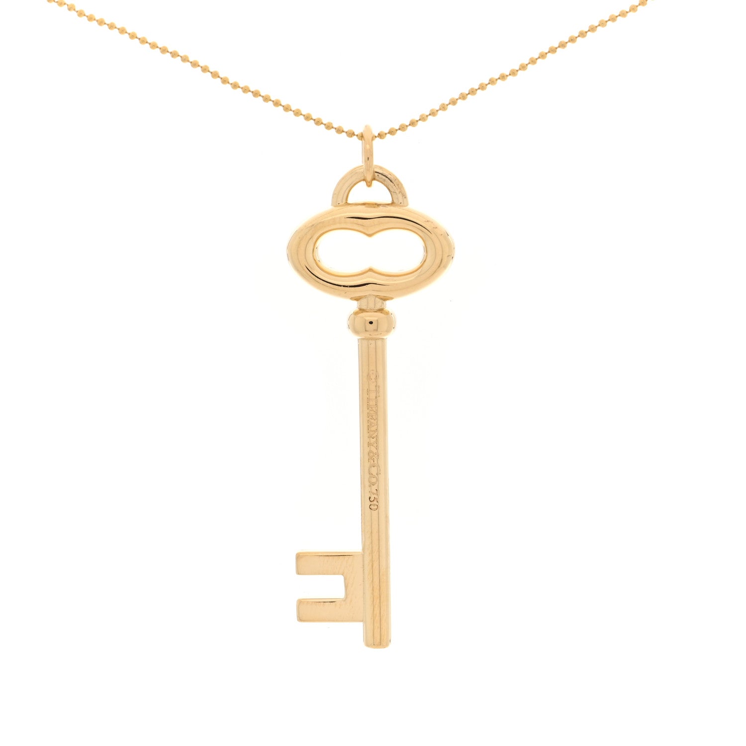 Tiffany 18K Yellow Gold Vintage Oval Key Pendant Bead Chain Necklace 3 of 5