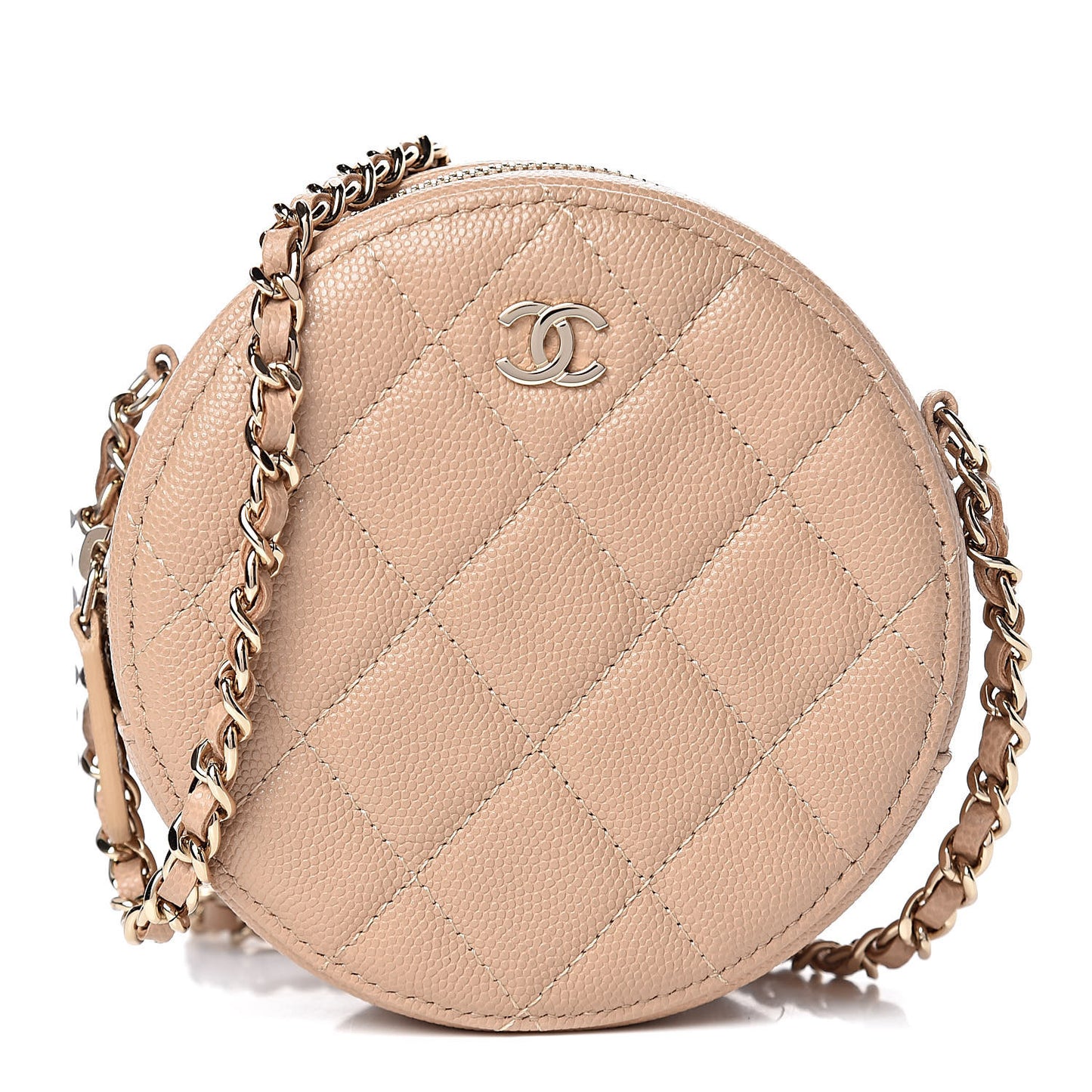 Caviar Quilted Round Clutch With Chain Beige