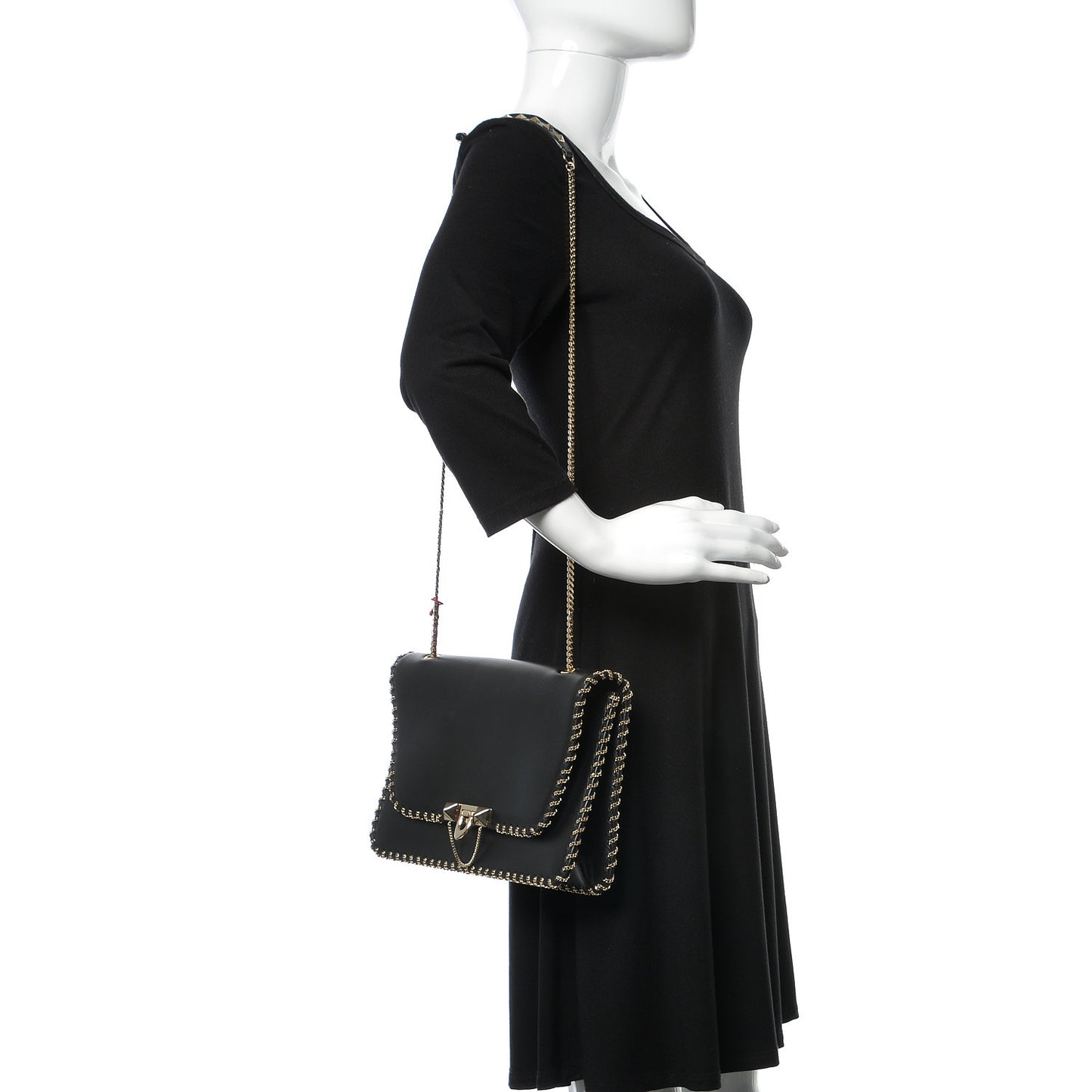 Calfskin Groumette Medium Rockstud Demilune Shoulder Bag Black