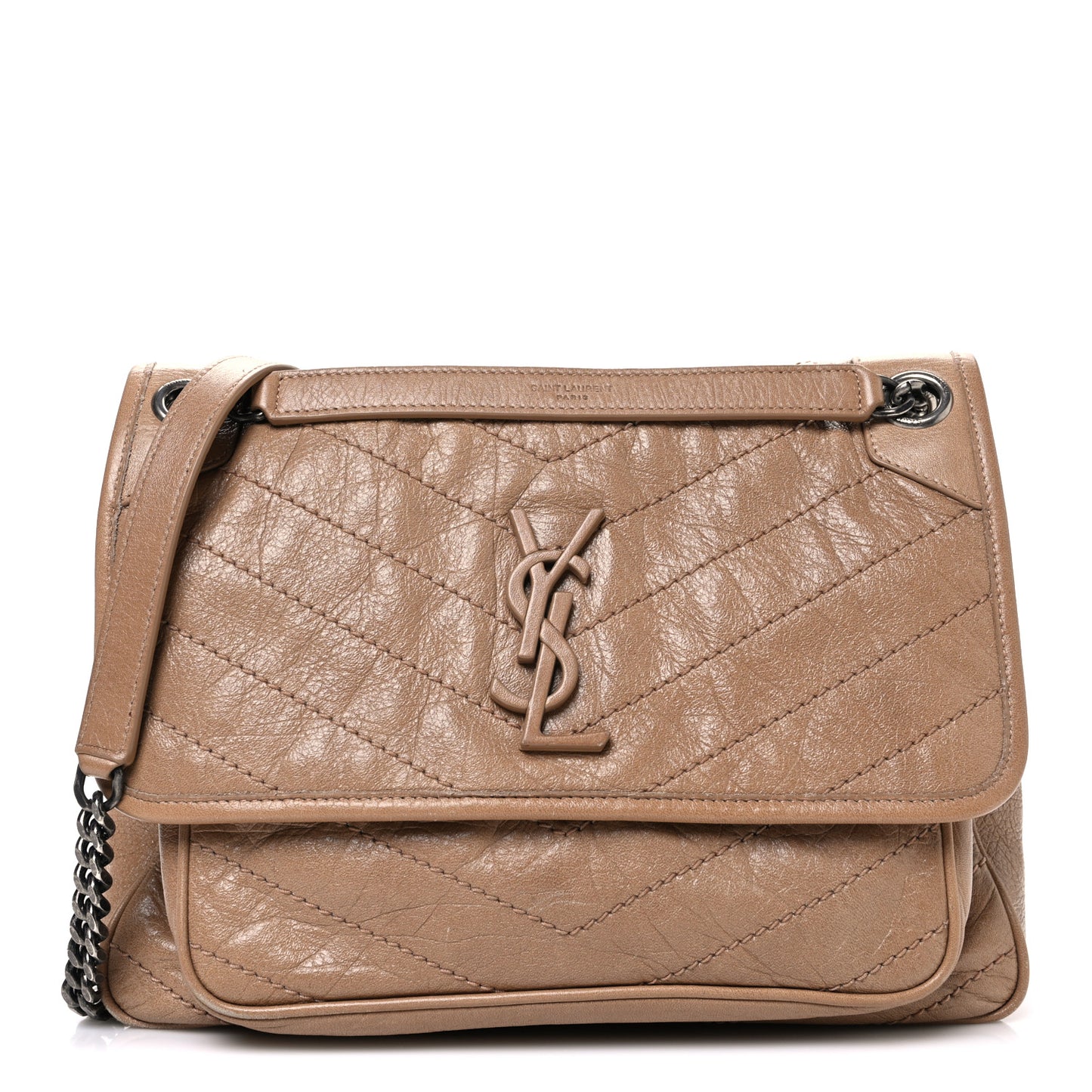Crinkled Calfskin Matelasse Monogram Medium Niki Chain Satchel Light Taupe