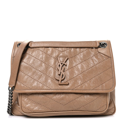 Saint Laurent Crinkled Calfskin Matelasse Monogram Medium Niki Chain Satchel Light Taupe 1 of 12