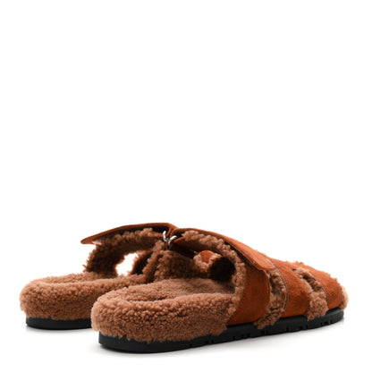 Hermes Suede Goatskin Shearling Womens Chypre Sandals 38 Gold 5 of 8