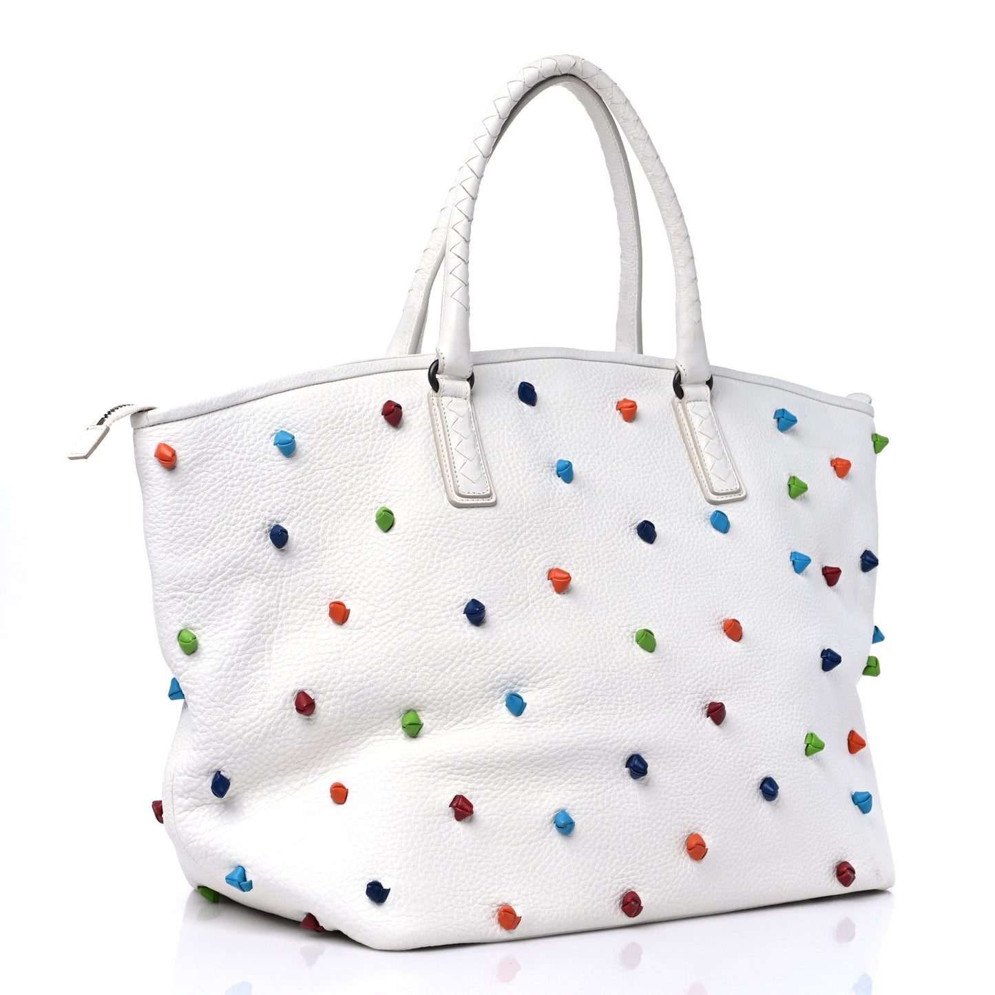 Grainy Calfskin Knot Detailed Polka Dot Tote White Multicolor