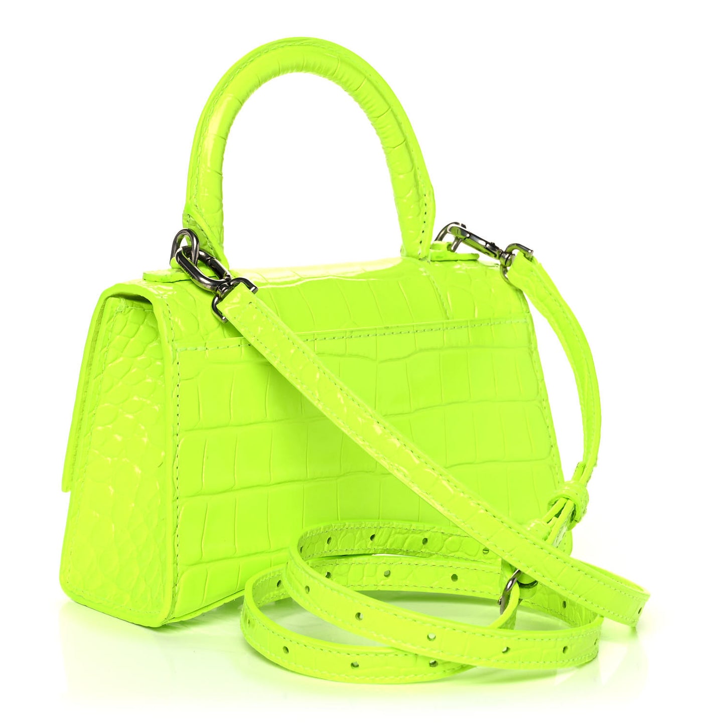 Shiny Calfskin Crocodile Embossed Hourglass Top Handle Bag XS Fluo Yellow