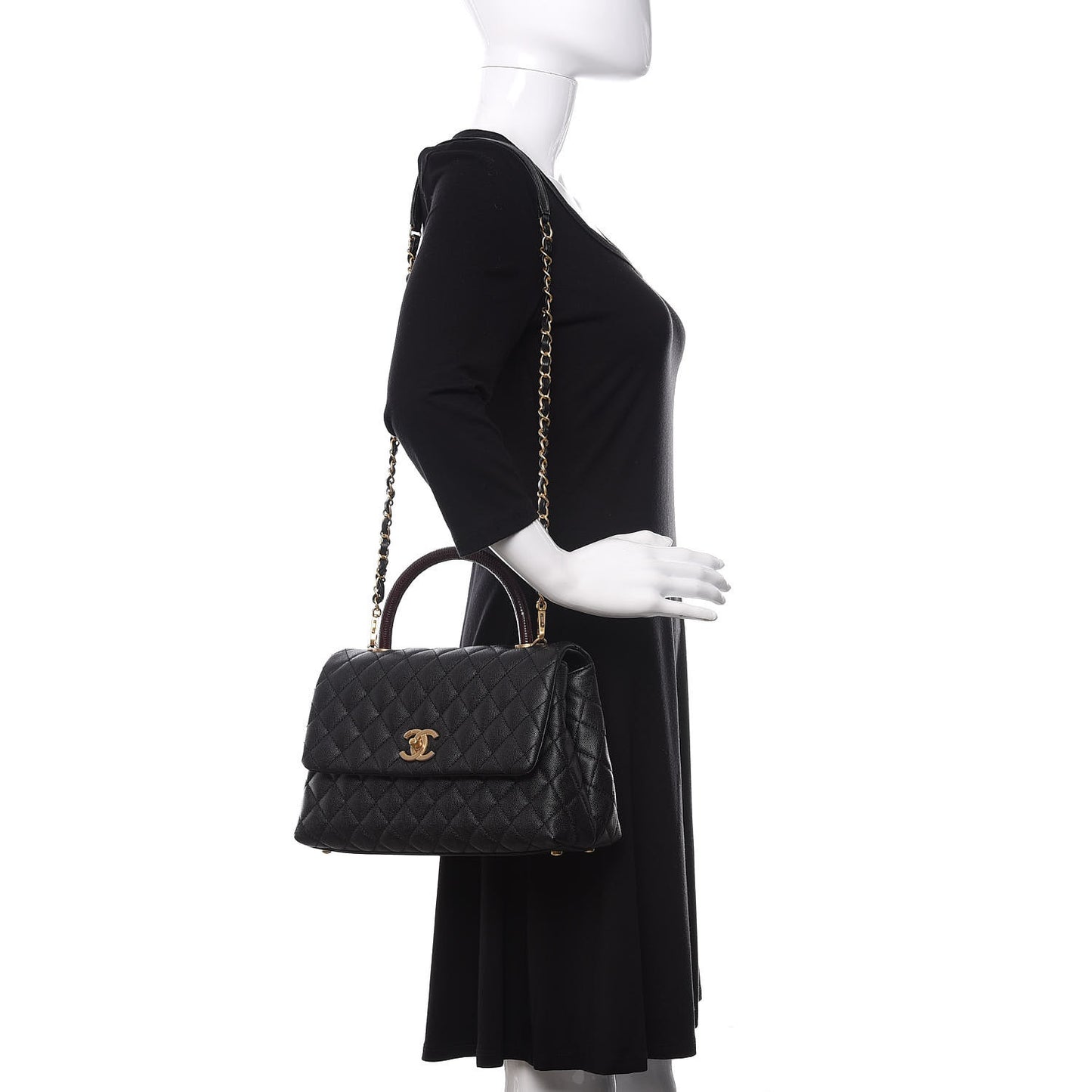 Caviar Lizard Embossed Quilted Small Coco Handle Flap Black