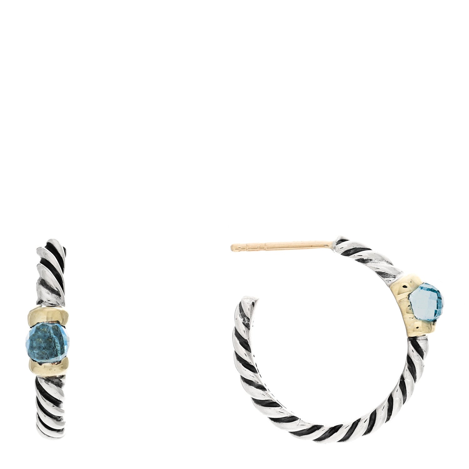 David Yurman Sterling Silver 14K Yellow Gold Blue Topaz Metro Hoop Earrings 1 of 4