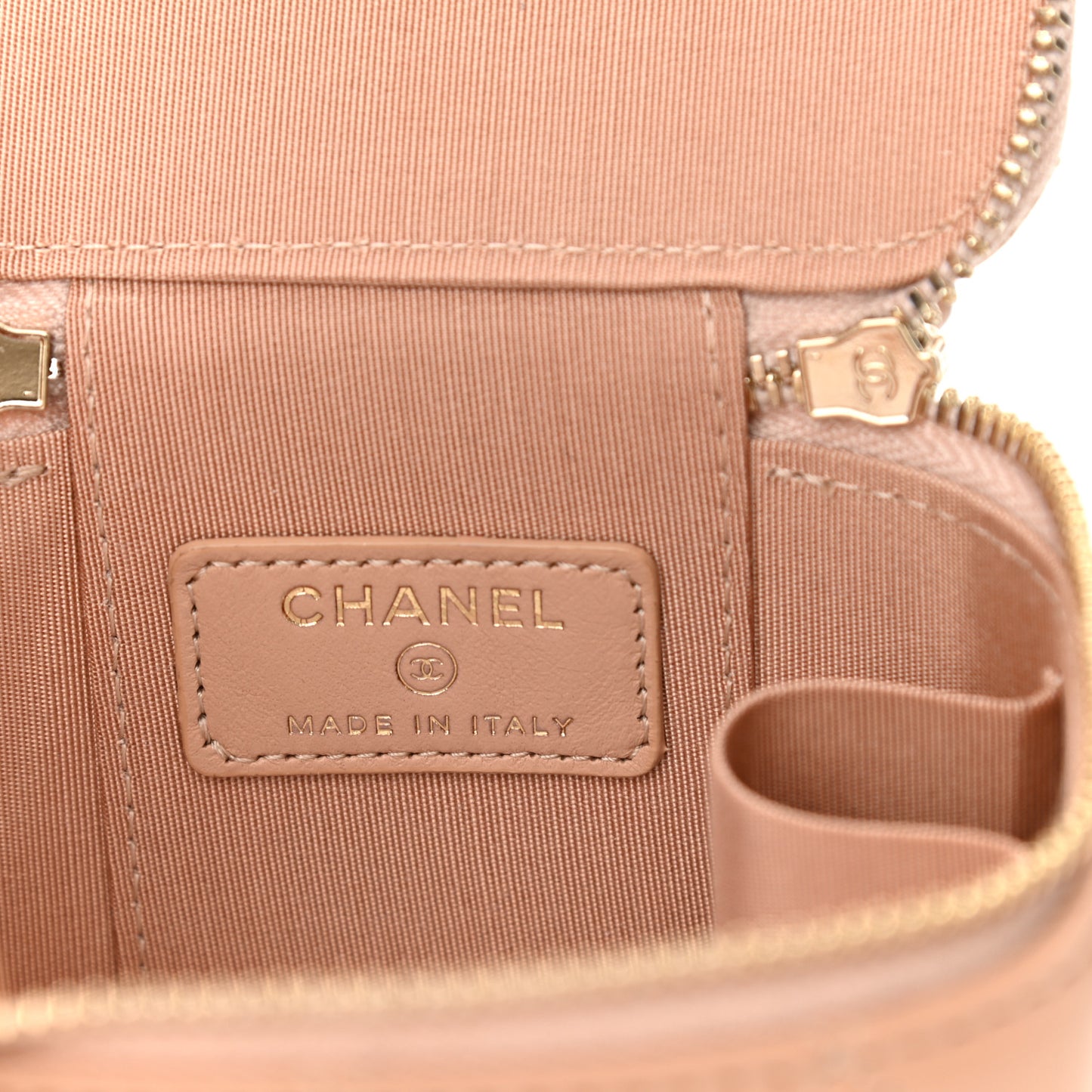 Lambskin Quilted Top Handle Mini Vanity Case With Chain Beige