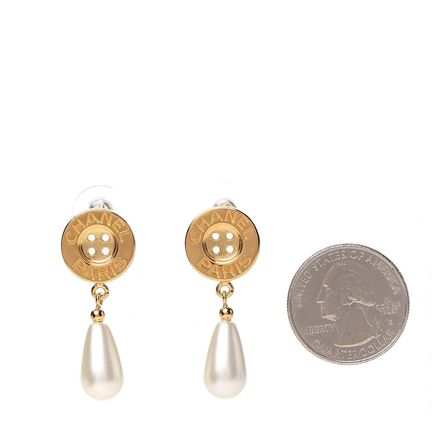 Metal Pearl Paris Button Drop Earrings Gold