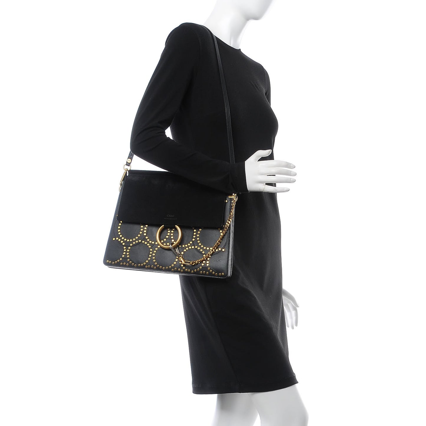 Calfskin Suede Studded Medium Faye Shoulder Bag Black