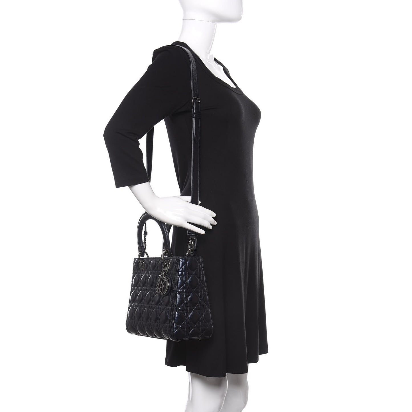 Metallic Lambskin Cannage Medium Lady Dior Navy Blue