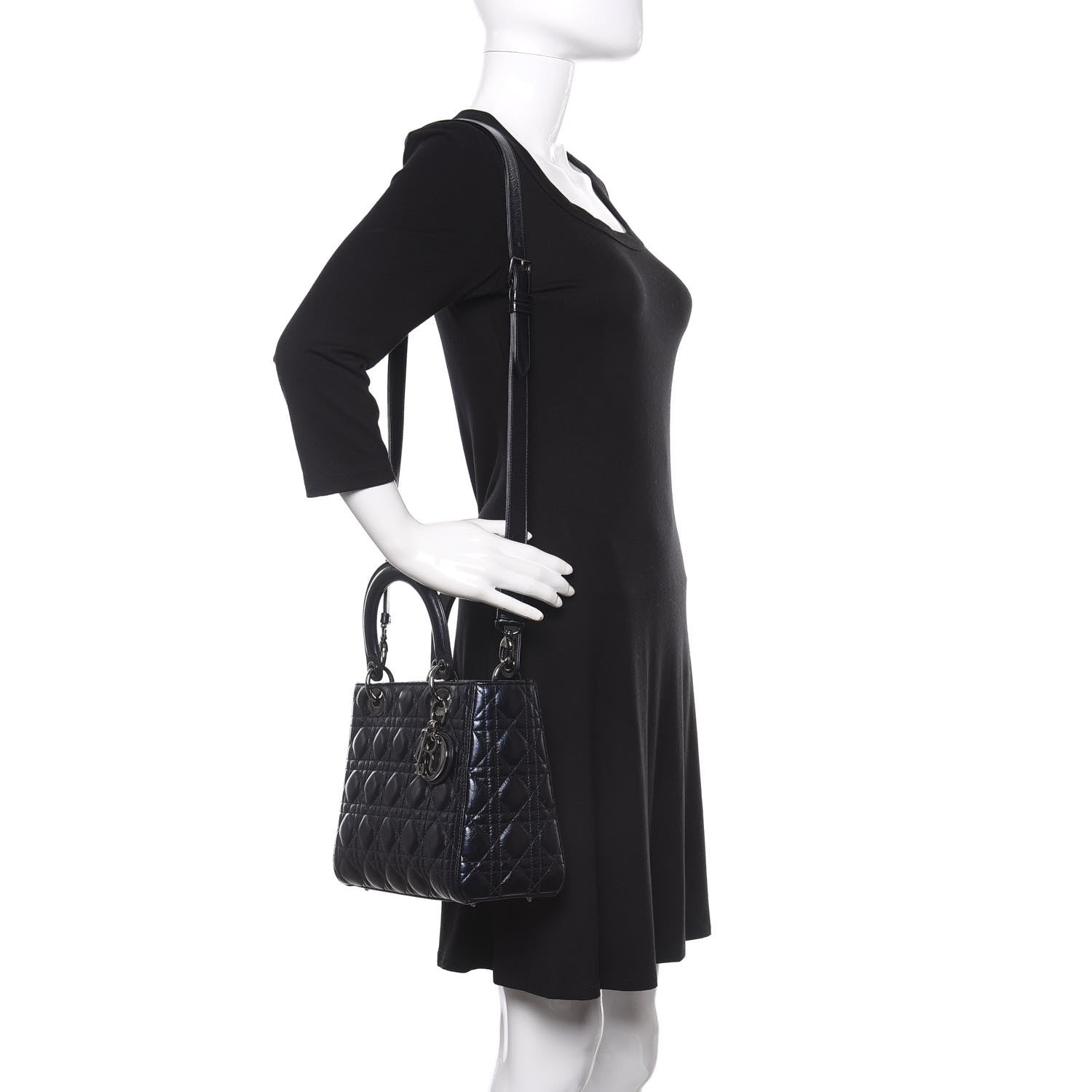 Christian Dior Metallic Lambskin Cannage Medium Lady Dior Navy Blue 2 of 11