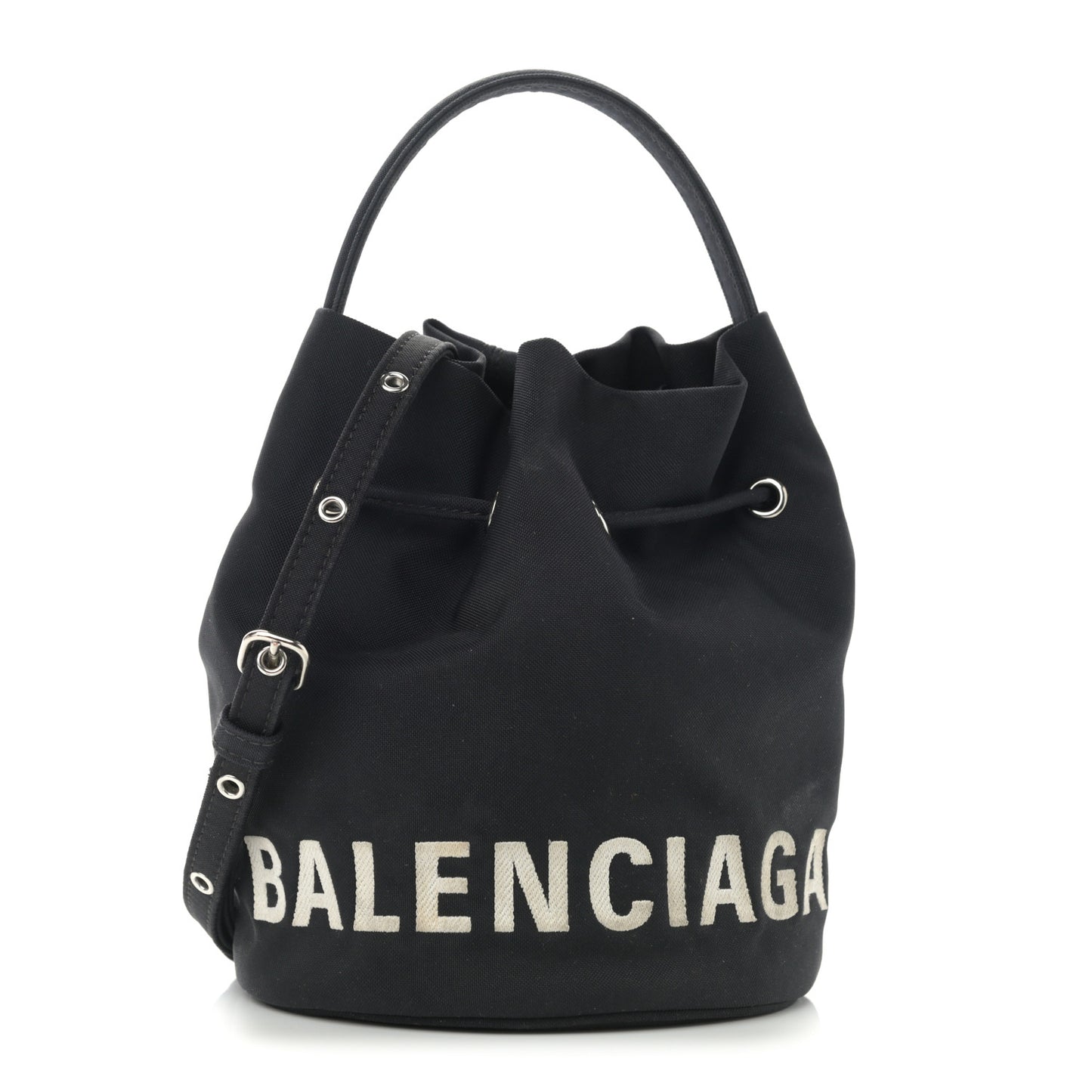 Recycled Sport Nylon Logo Embroidered Wheel Drawstring Bucket Bag XS Black