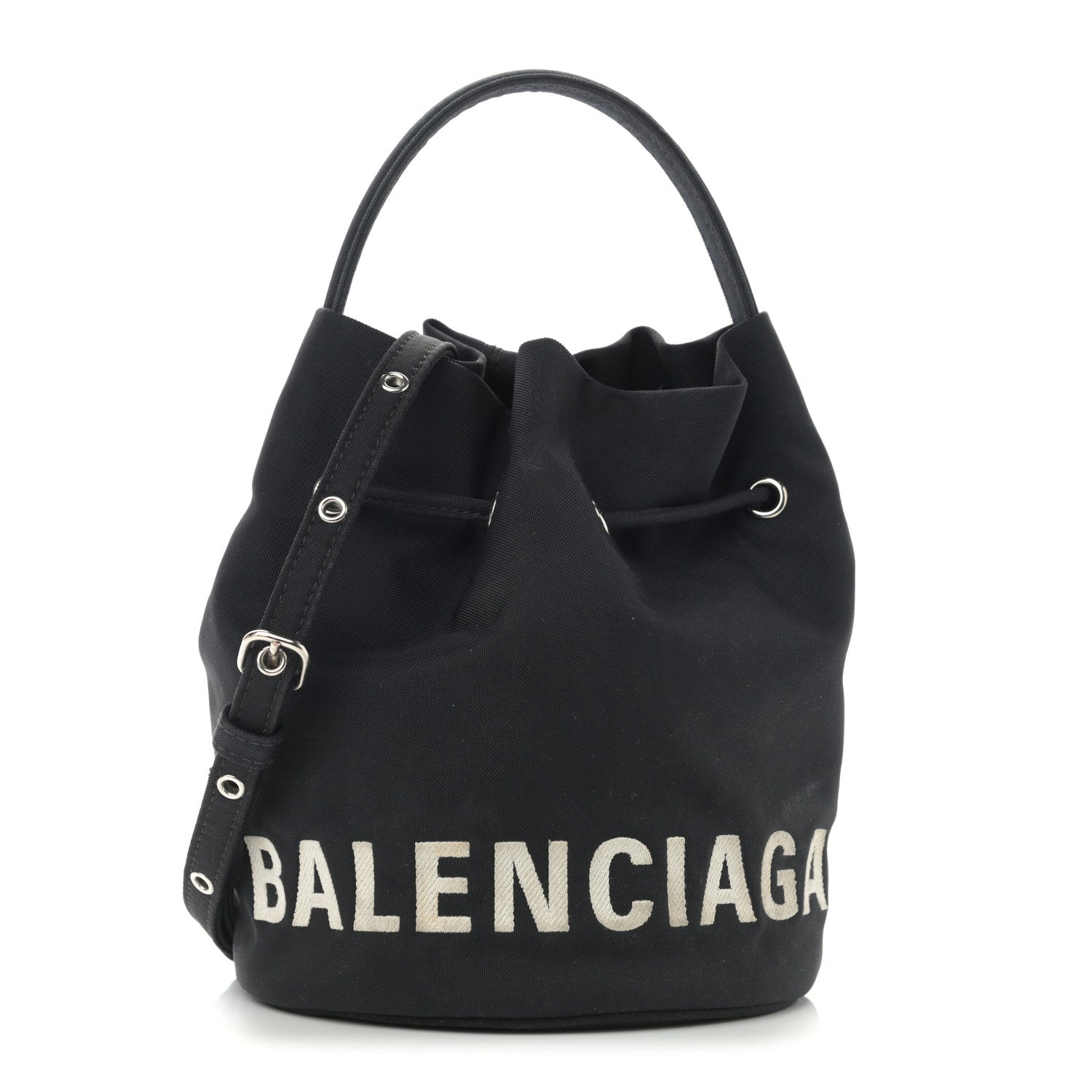 Balenciaga Recycled Sport Nylon Logo Embroidered Wheel Drawstring Bucket Bag XS Black 1 of 12