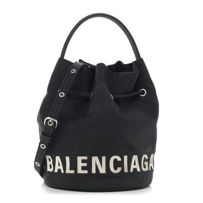 Balenciaga Recycled Sport Nylon Logo Embroidered Wheel Drawstring Bucket Bag XS Black 1 of 12