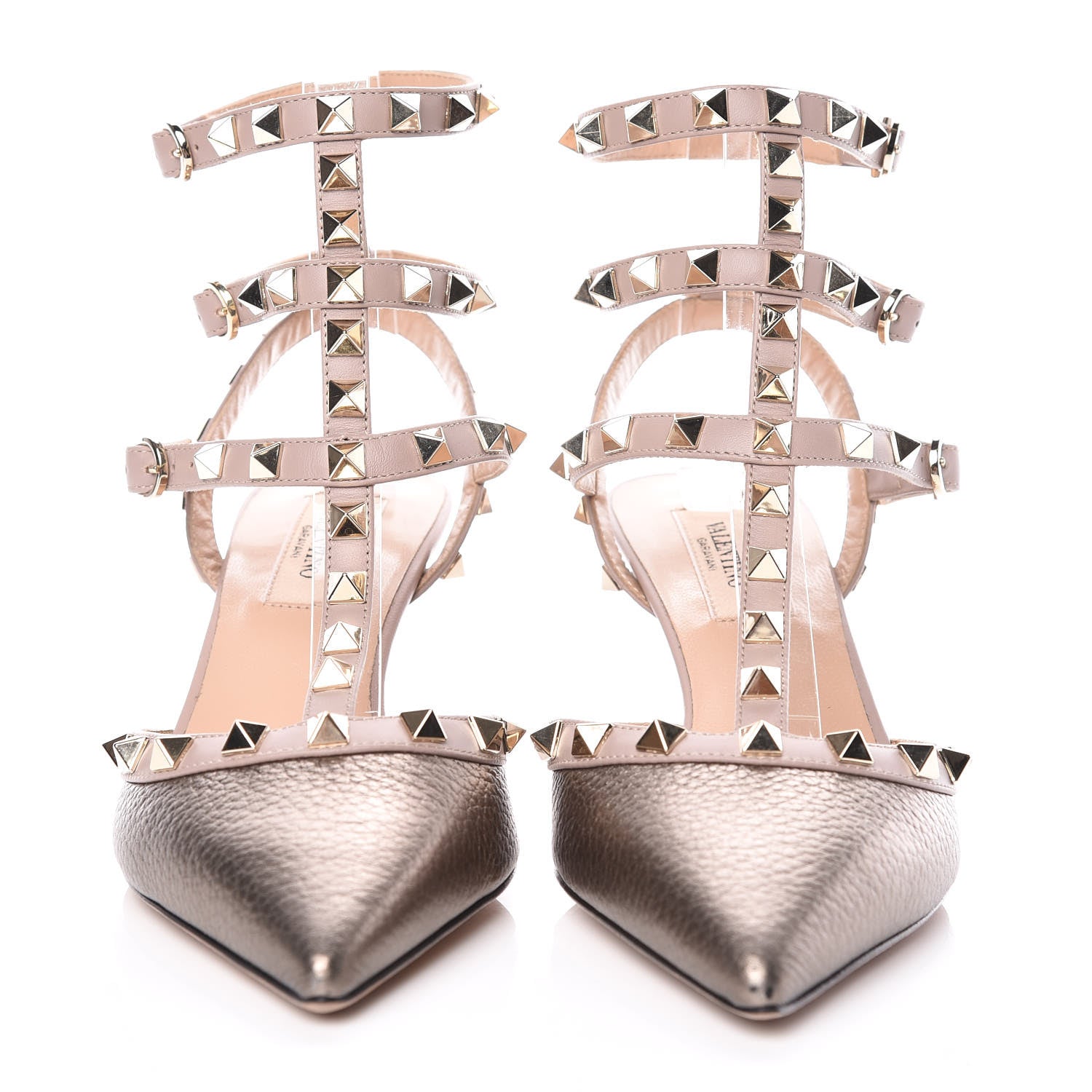 Valentino Garavani Metallic Pebbled Calfskin Rockstud Ankle Strap 65mm Pumps 36 Sasso Poudre 2 of 10