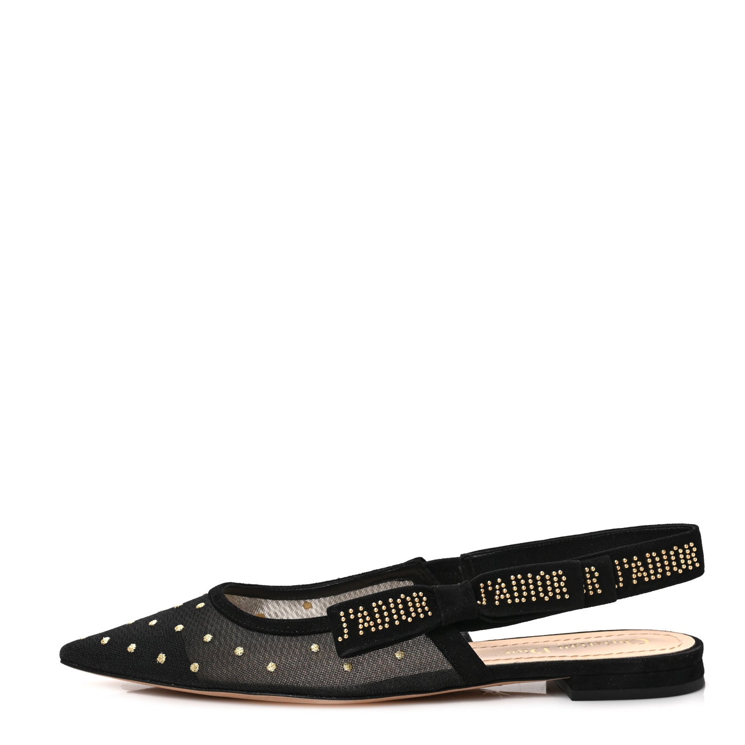 Christian Dior Plumetis Mesh Ribbon Dotted Studded Ballet Flats 38.5 Black Gold 1 of 9