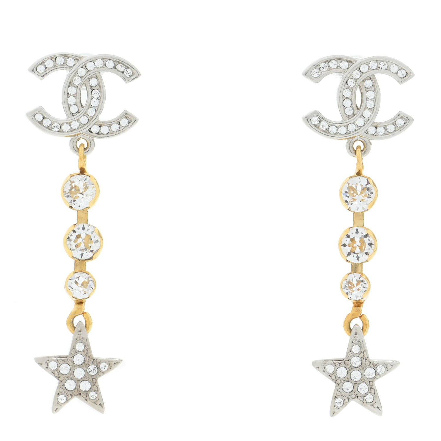 Chanel Crystal Star Drop CC Earrings Silver Gold 1 of 5