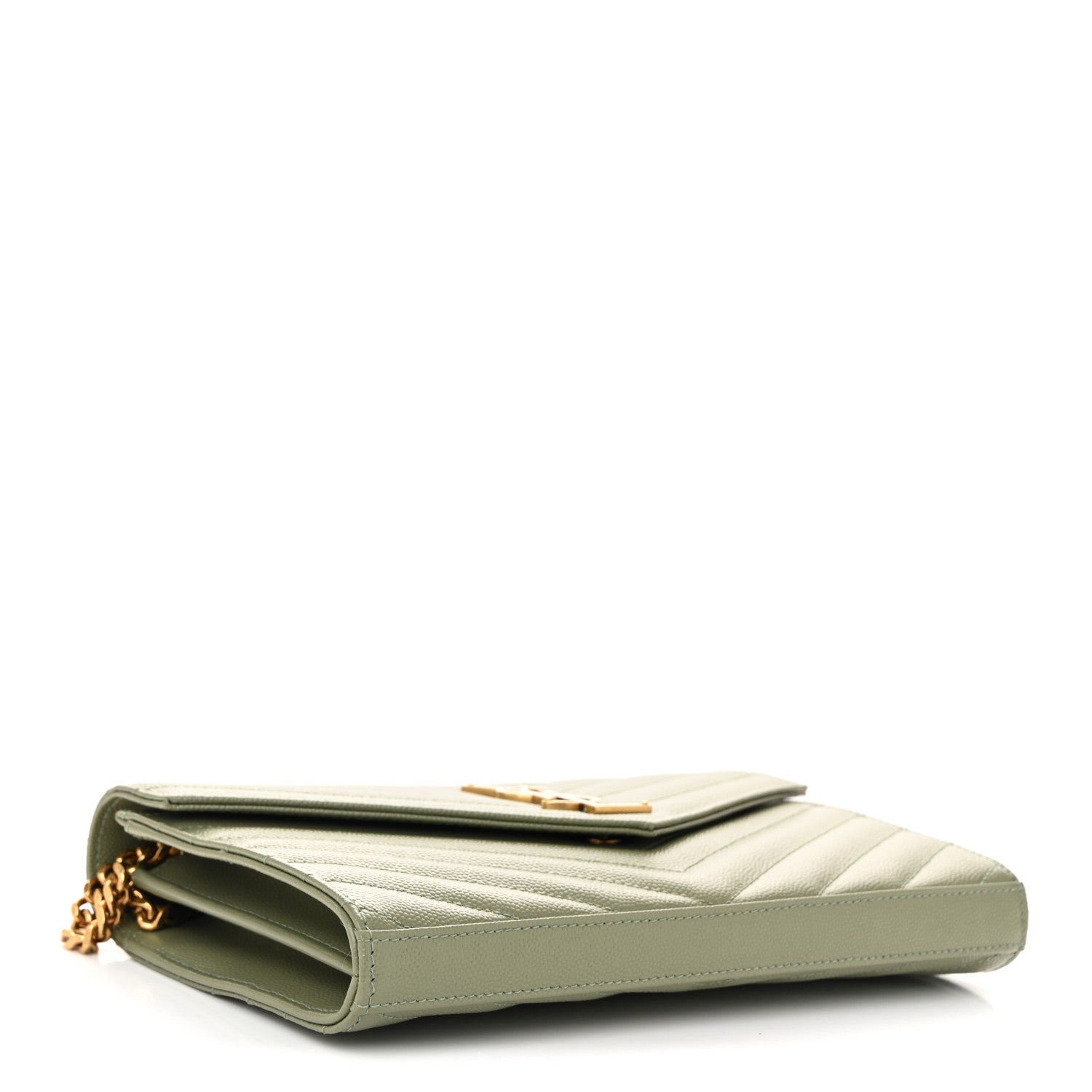 Saint Laurent Grain De Poudre Matelasse Chevron Monogram Chain Wallet Light Sage 4 of 9