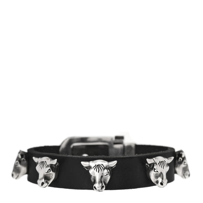 Gucci Sterling Silver Leather Anger Forest Bulls Head Bracelet 1 of 5