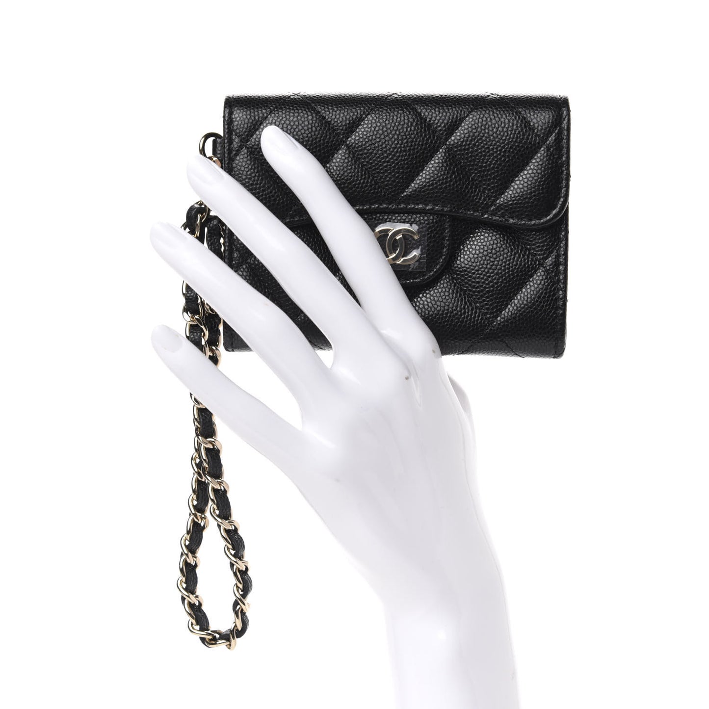 Caviar Quilted Flap Card Holder Chain Wristlet Black