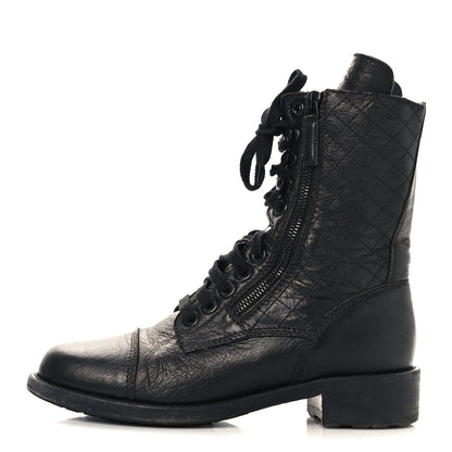 Chanel Sheepskin Quilted CC Tall Lace Up Combat Boots 38.5 Black 1 of 9
