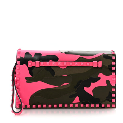 Valentino Garavani Nappa Canvas Camouflage Rockstud Wristlet Clutch Fuxia Fluo 1 of 6