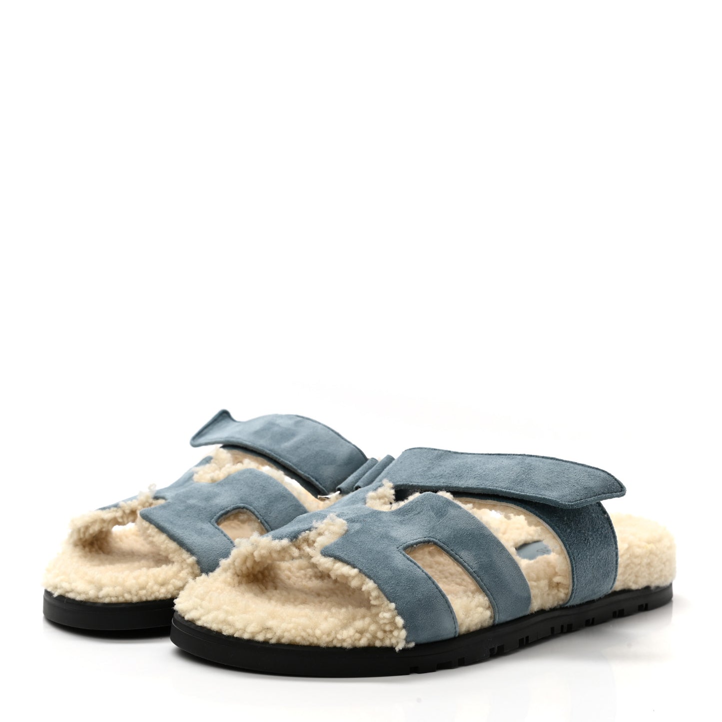 Suede Goatskin Woolskin Womens Chypre Sandals 36 Bleu Pinede Ecru