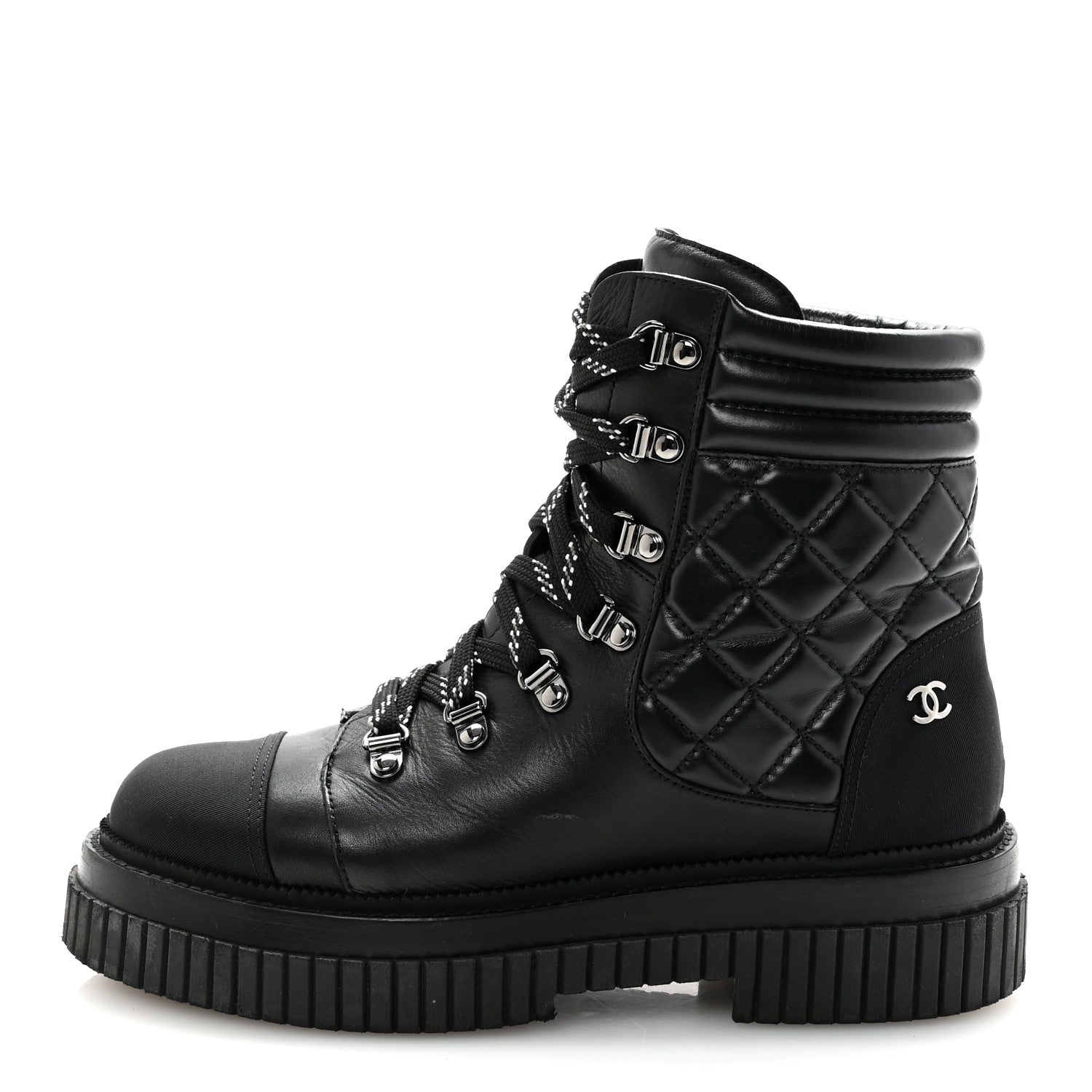 Chanel Calfskin Grosgrain Quilted Lace Up Boots 38.5 Black Grey 1 of 9