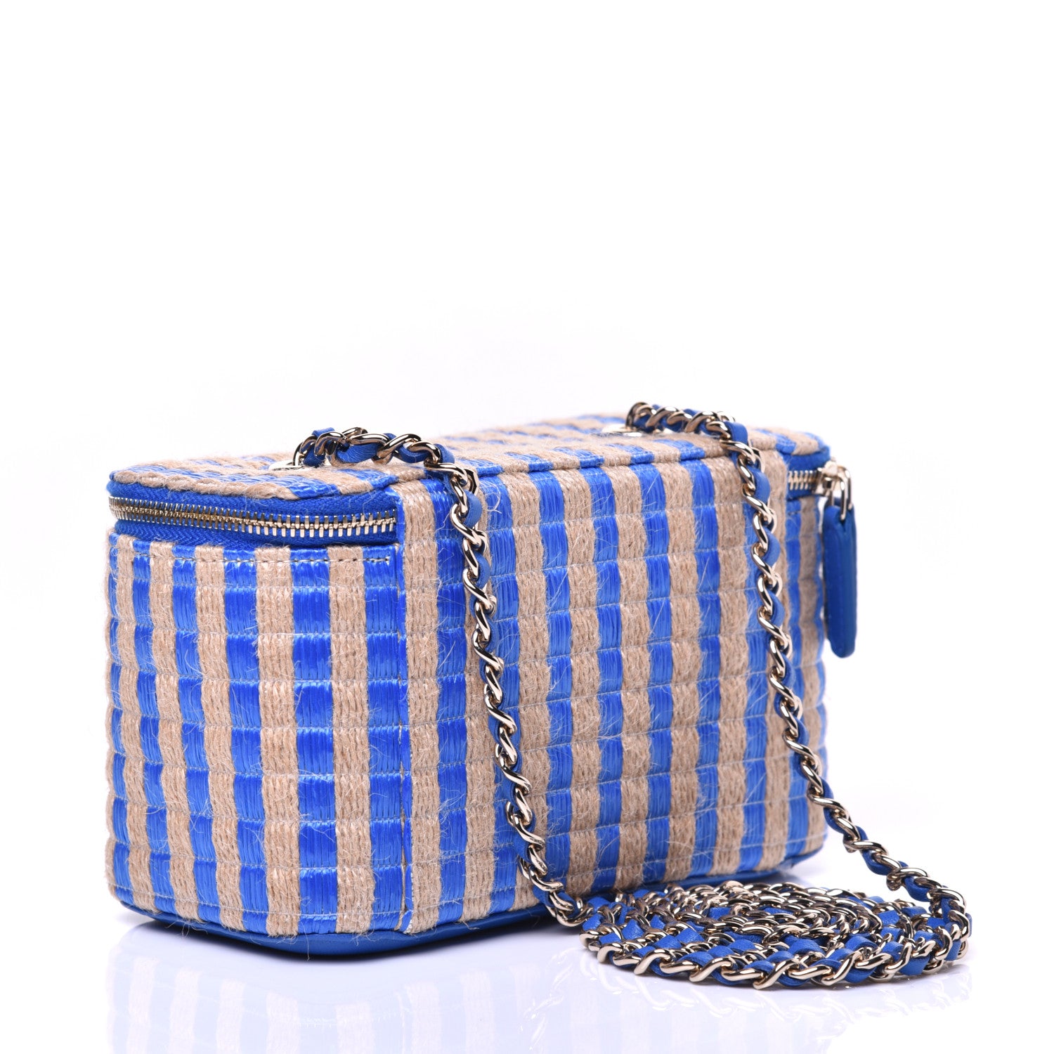 Chanel Raffia Jute Striped Small Vanity Case With Chain Blue Beige 3 of 10
